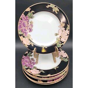 Fitz & Floyd Cloisonne Peony Black 6.5" Bread Dessert Plates Set of 6